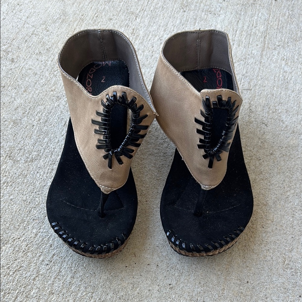 Taupe and Black Wedge Thong Sandals by No Brand Shown
